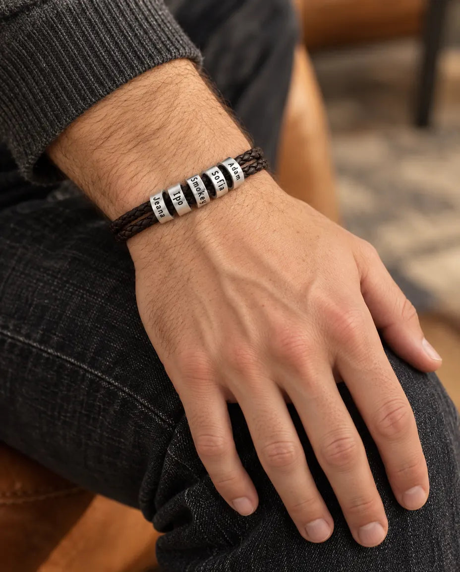 Personalized Men's Leather Bracelet - worn on the wrist, close-up