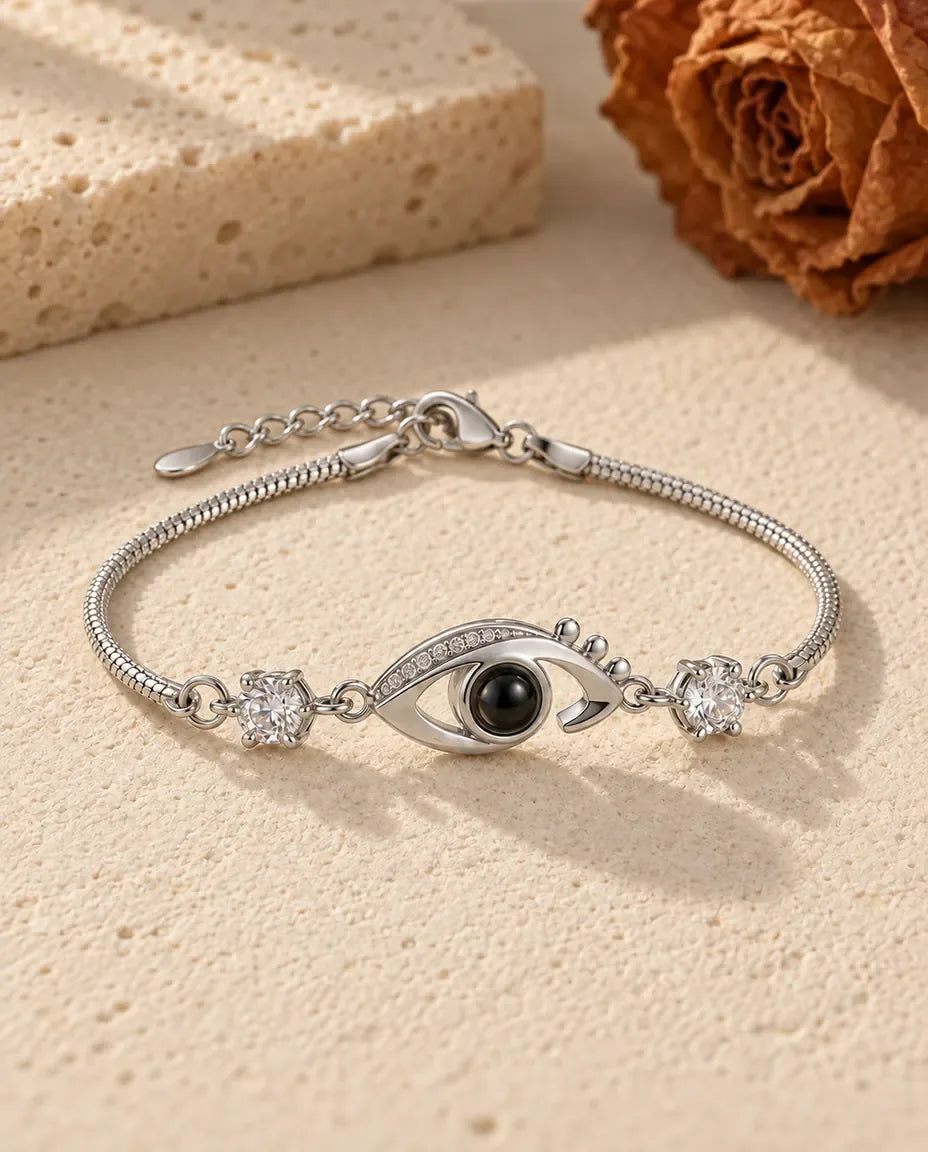 Personalized Evil Eye Photo Projection Bracelet - front view in silver