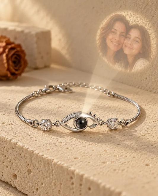 Personalized Evil Eye Photo Projection Bracelet - projecting the hidden photo onto a wall