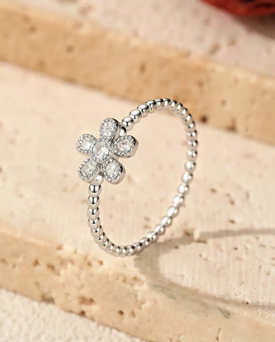 Moissanite Ring – Dainty Flower Beaded Band, 5 Stone D Color VVS Pavé, 925 Sterling Silver Promise Ring Gift for Her