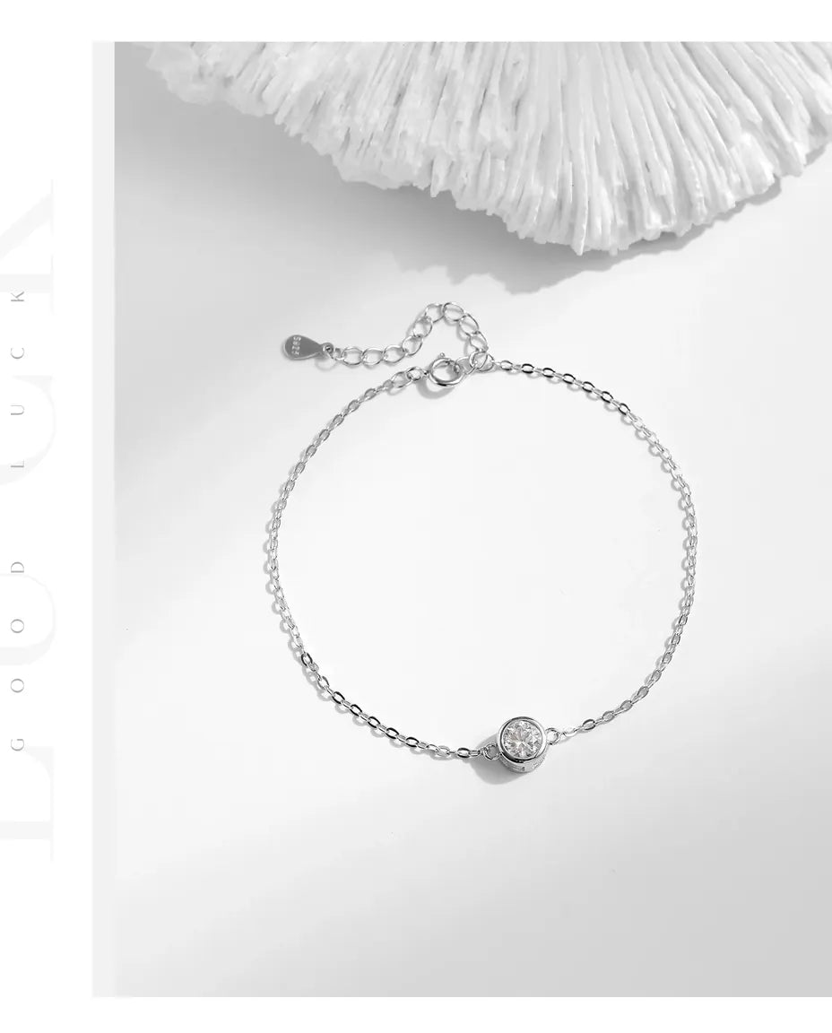 Dainty moissanite solitaire bracelet, 0.5ct D color round stone, 925 sterling silver