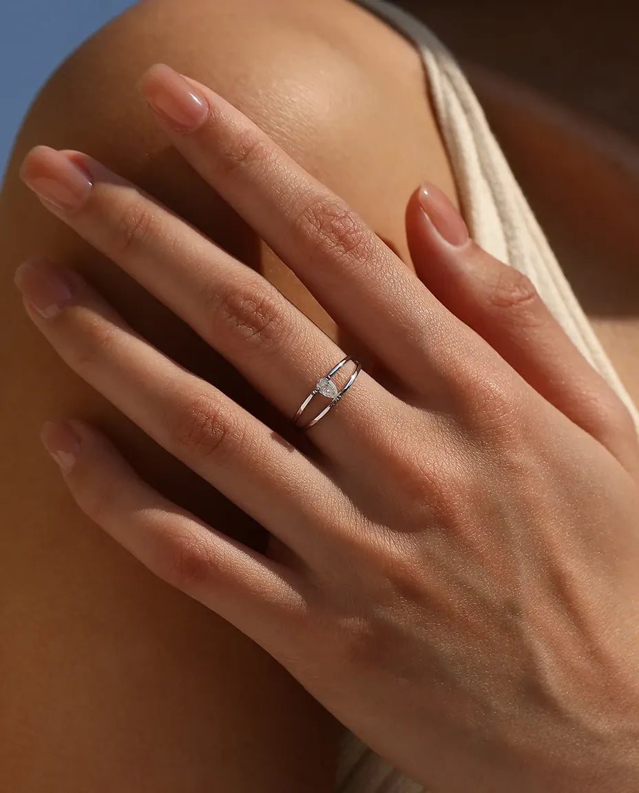 Double band pear moissanite ring in 925 sterling silver