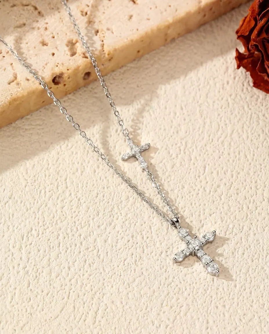 Double cross moissanite pendant necklace in 925 sterling silver