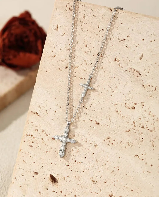 Double cross moissanite pendant necklace in 925 sterling silver
