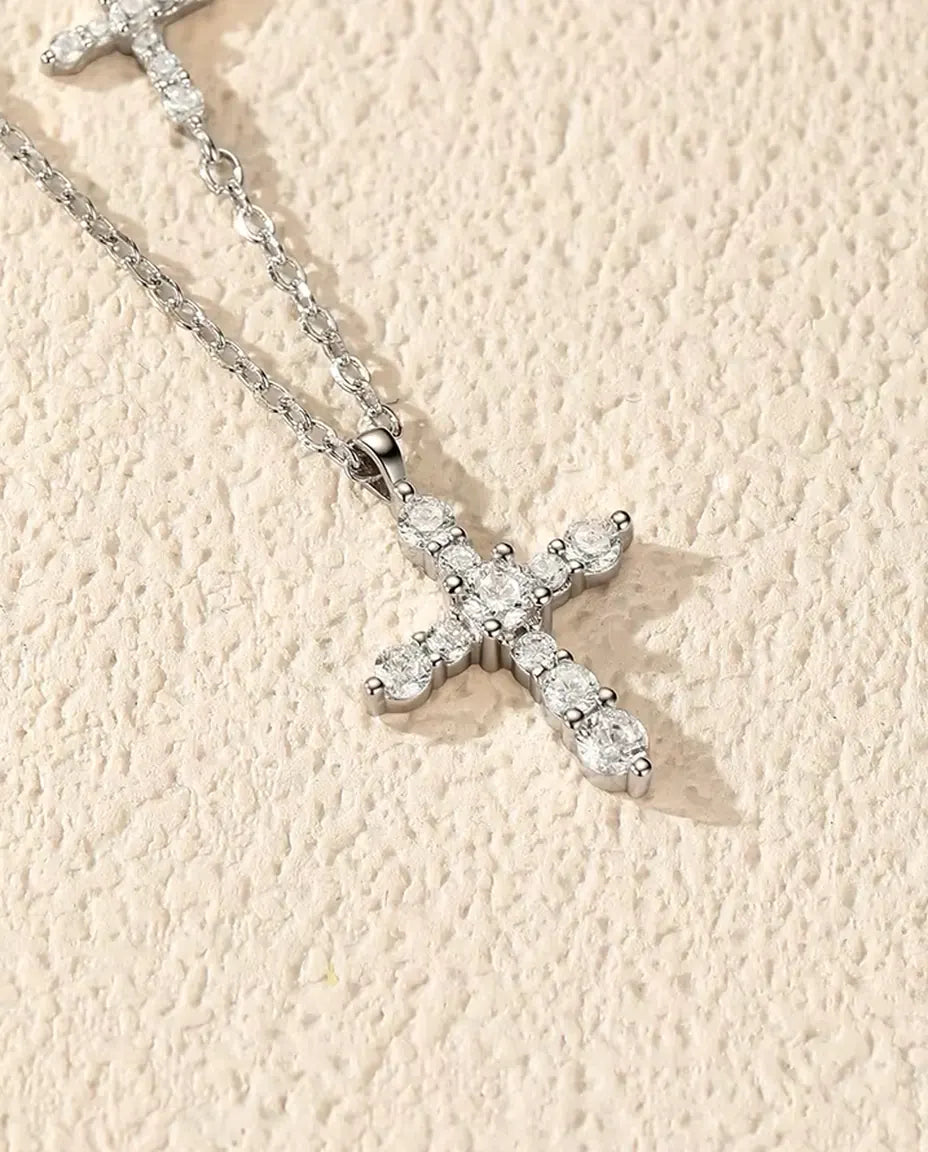 Double cross moissanite pendant necklace in 925 sterling silver