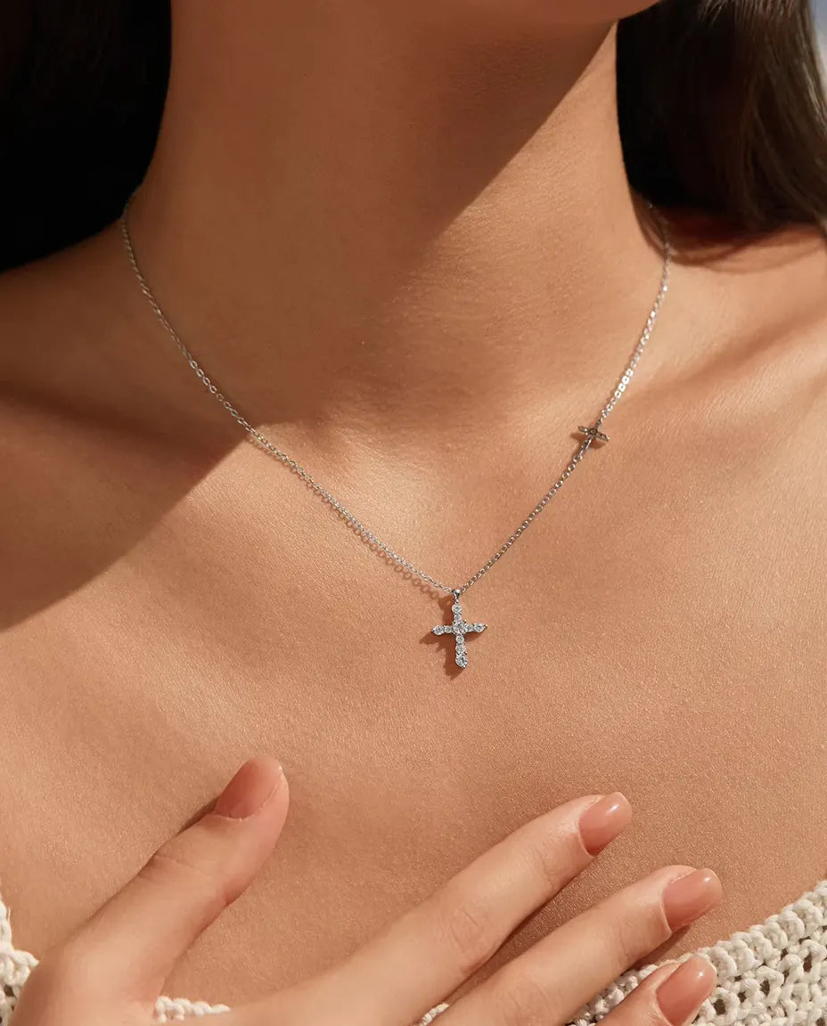 Double cross moissanite pendant necklace in 925 sterling silver