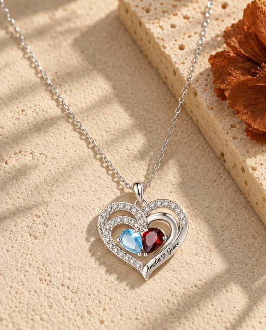 Silver double heart birthstone necklace with two engraved names