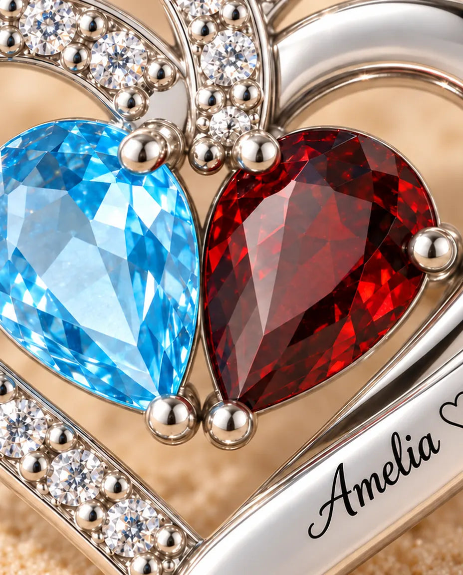 Macro detail of the two pear birthstones and the engraved names on the polished band
