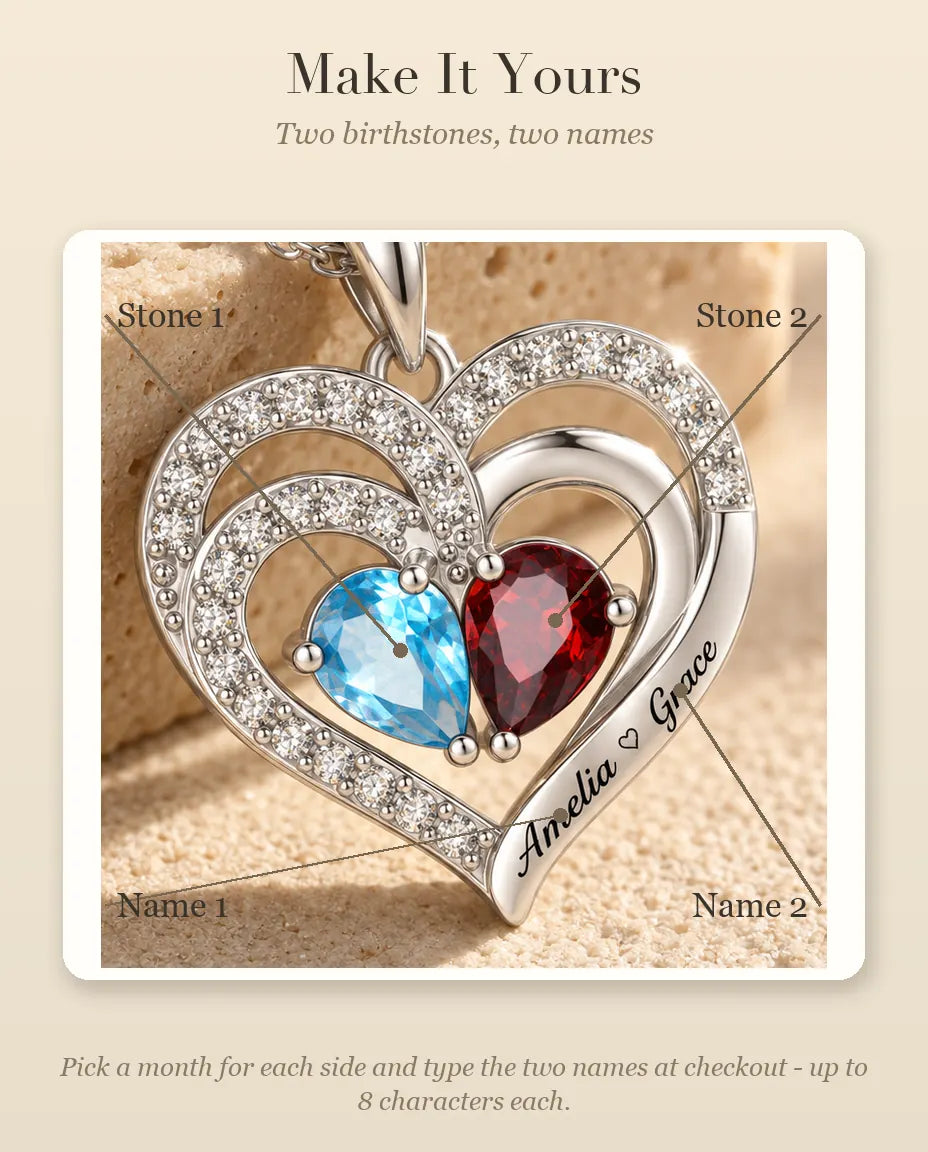 How to personalize the necklace with two birthstones and two names