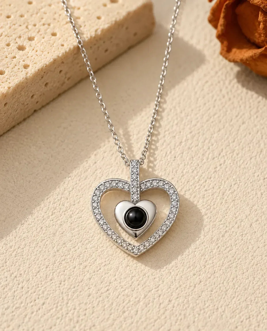 Personalized Double Heart Photo Projection Necklace - front view in silver