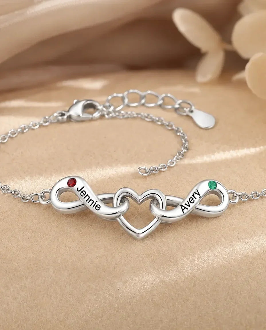 Double infinity and heart bracelet with two engraved names, silver tone