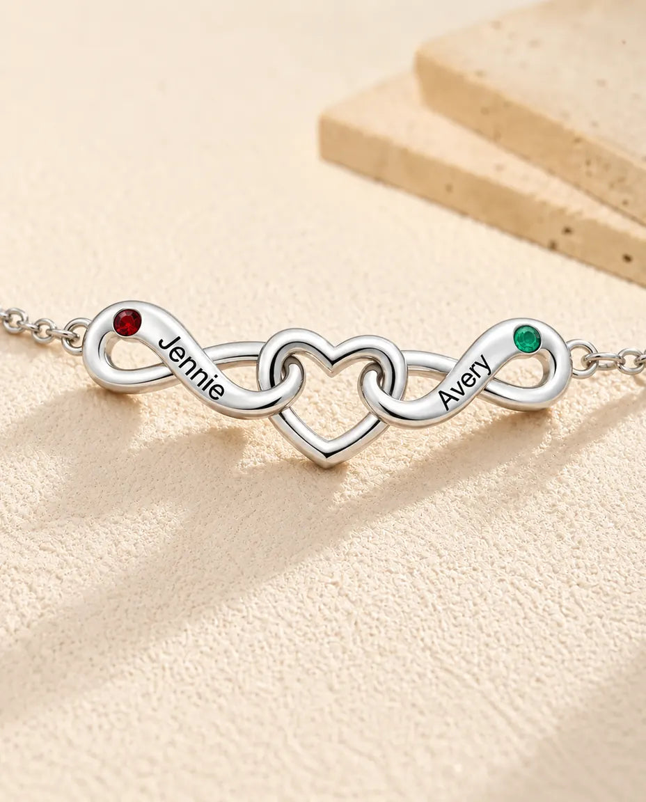 Personalized Infinity Bracelet With 2 Names - Double Infinity and Heart With Two Simulated Birthstones - close-up of the engraved names and birthstones