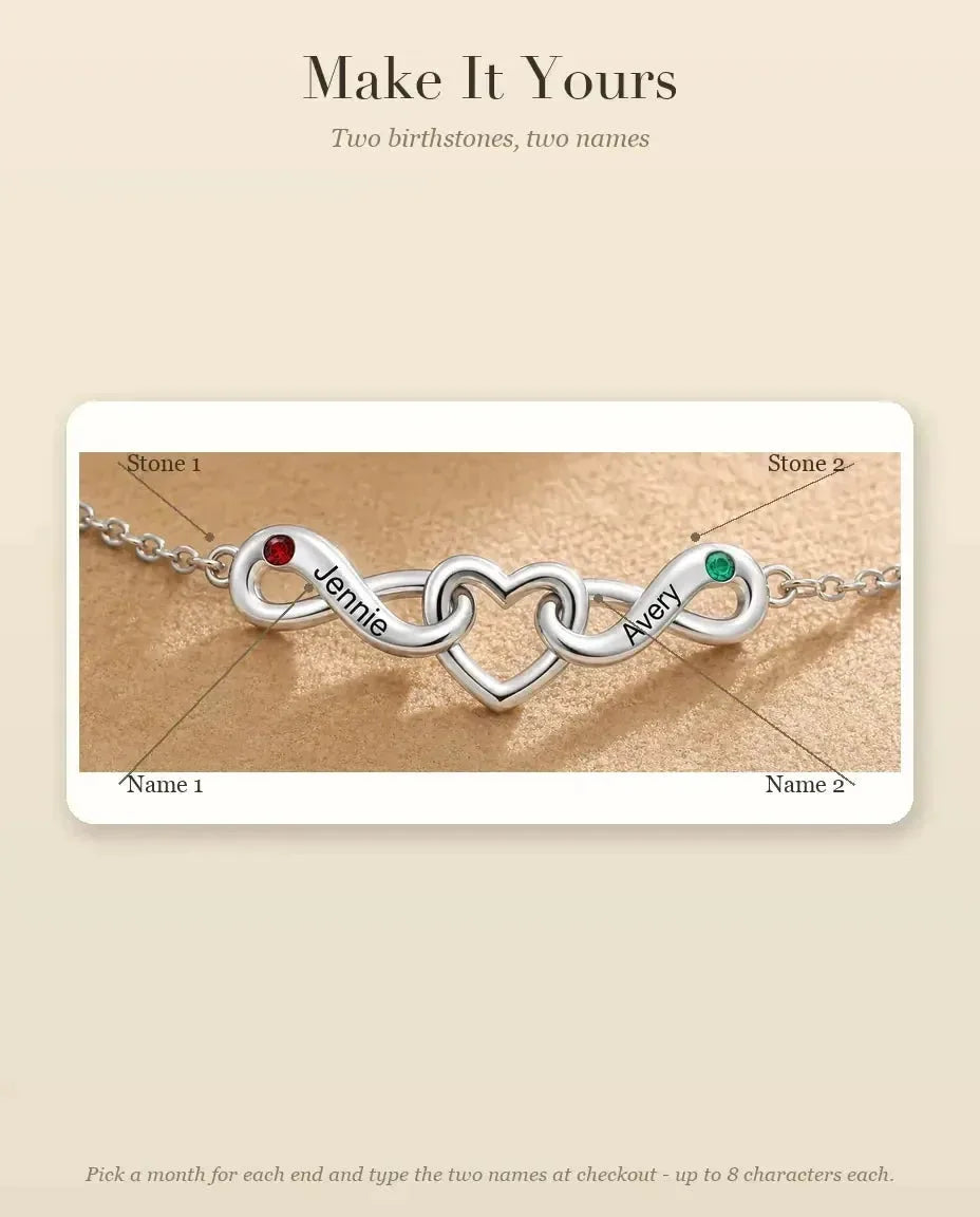 Personalized Infinity Bracelet With 2 Names - Double Infinity and Heart With Two Simulated Birthstones - personalization guide: names and birthstones