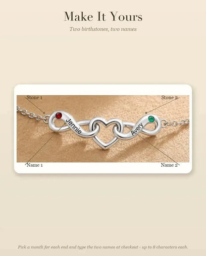 Personalized Infinity Bracelet With 2 Names - Double Infinity and Heart With Two Simulated Birthstones - personalization guide: names and birthstones