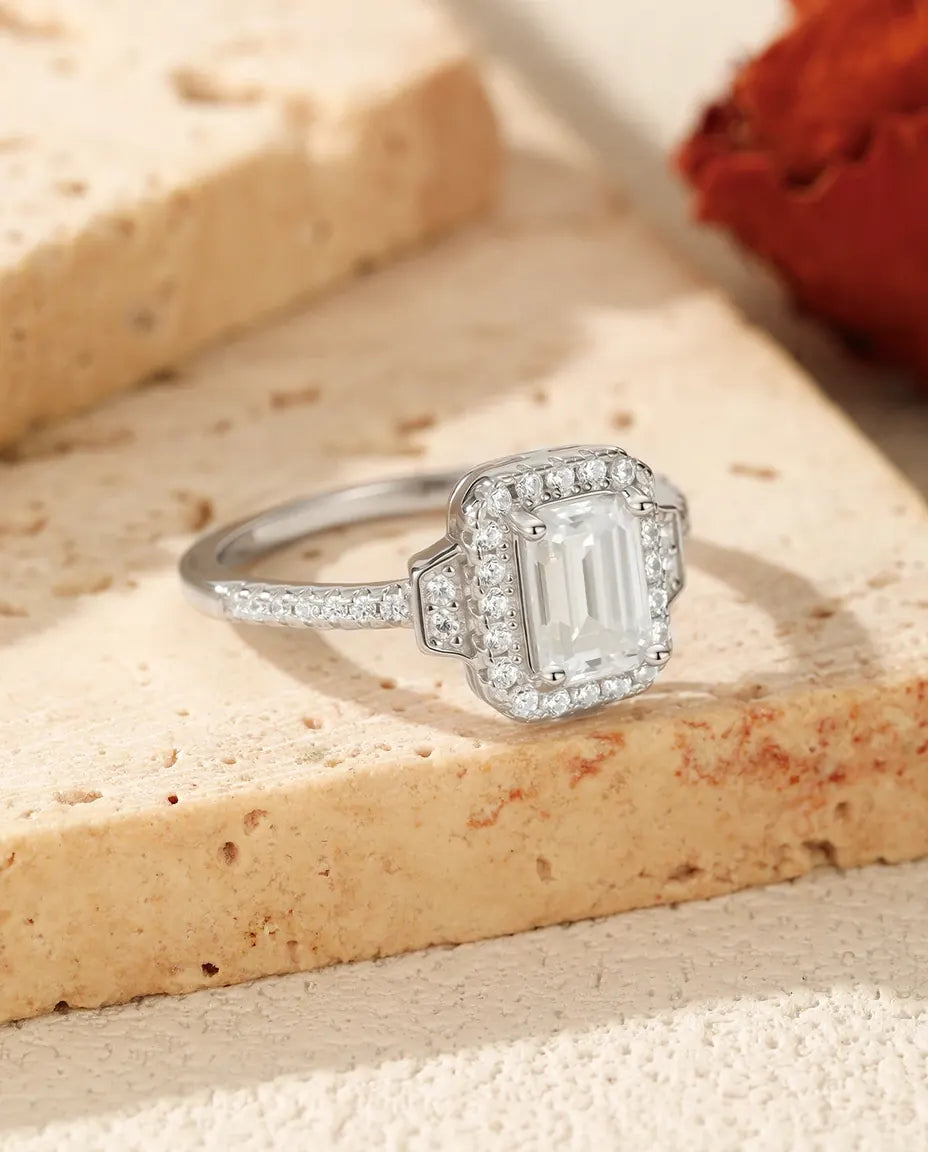1 ct emerald cut moissanite halo engagement ring in 925 sterling silver, art deco style