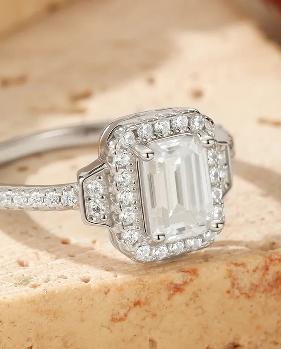 1 ct emerald cut moissanite halo engagement ring in 925 sterling silver, art deco style