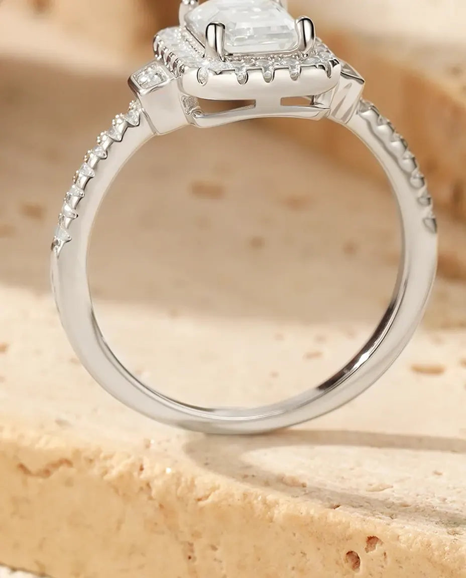 1 ct emerald cut moissanite halo engagement ring in 925 sterling silver, art deco style