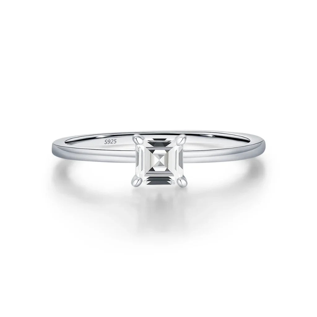 Emerald Cut Moissanite Solitaire Ring in Sterling Silver