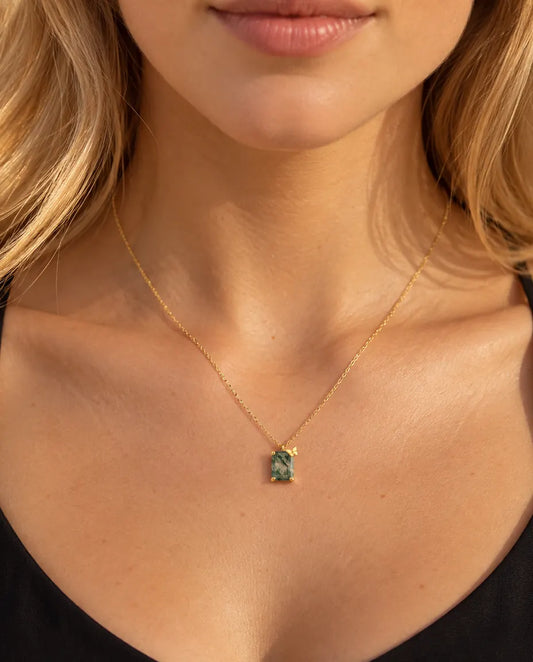 Emerald Cut Moss Agate Necklace in 10K Gold Plated 925 Sterling Silver - worn on a model, close-up at the collarbone