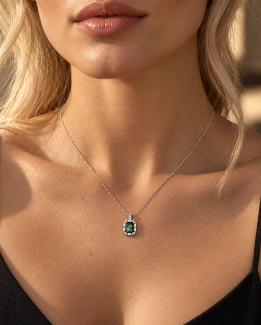 Emerald Cut Moss Agate Cluster Necklace in 925 Sterling Silver - worn on a model, close-up at the collarbone