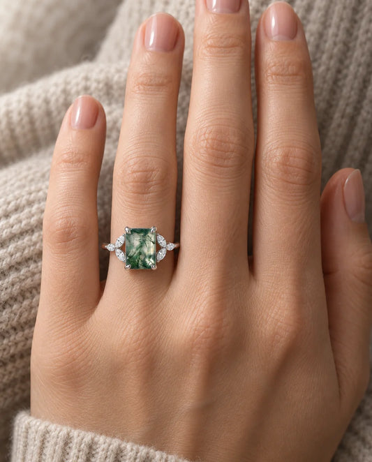 Emerald Cut Moss Agate Ring - worn on the hand