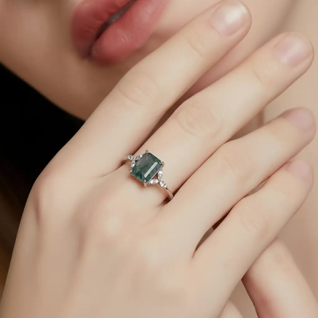 Emerald Cut Moss Agate Engagement Ring - Moss Agate Wedding Band