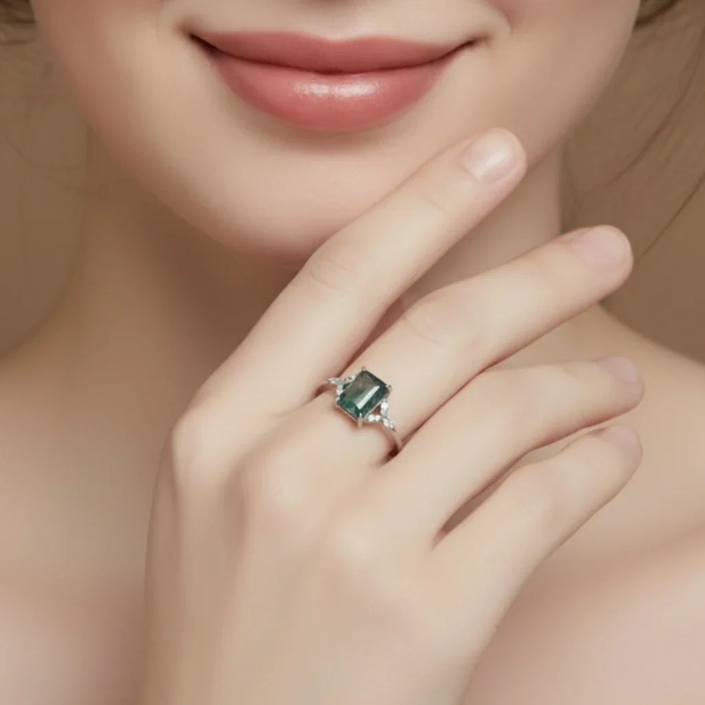 Emerald Cut Moss Agate Engagement Ring - Moss Agate Wedding Band