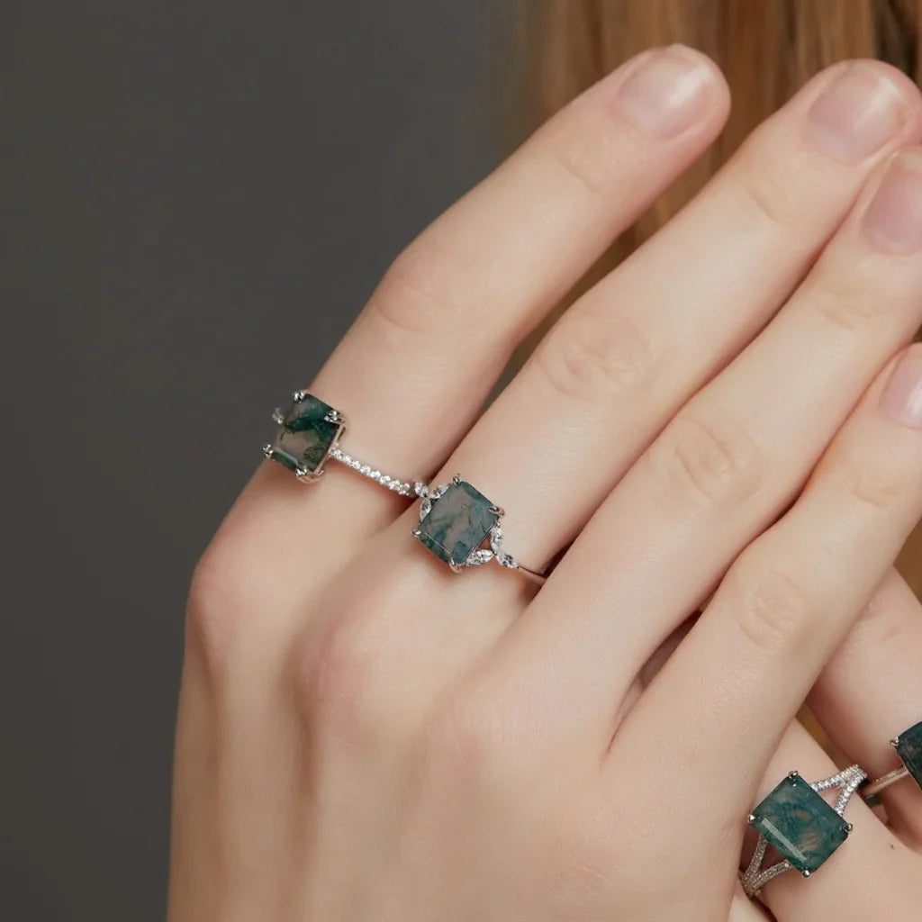 Emerald Cut Moss Agate Engagement Ring - Moss Agate Wedding Band