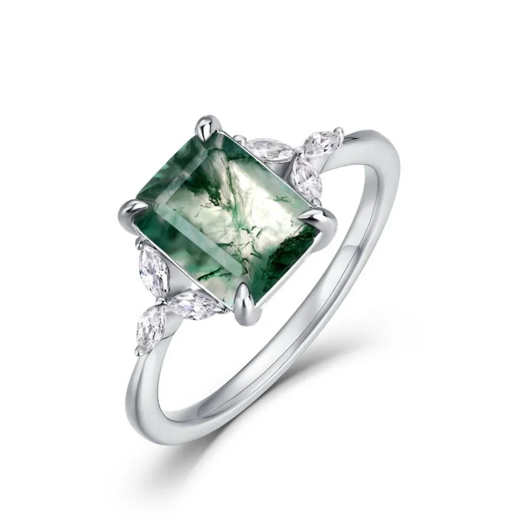 Emerald Cut Moss Agate Engagement Ring - Moss Agate Wedding Band