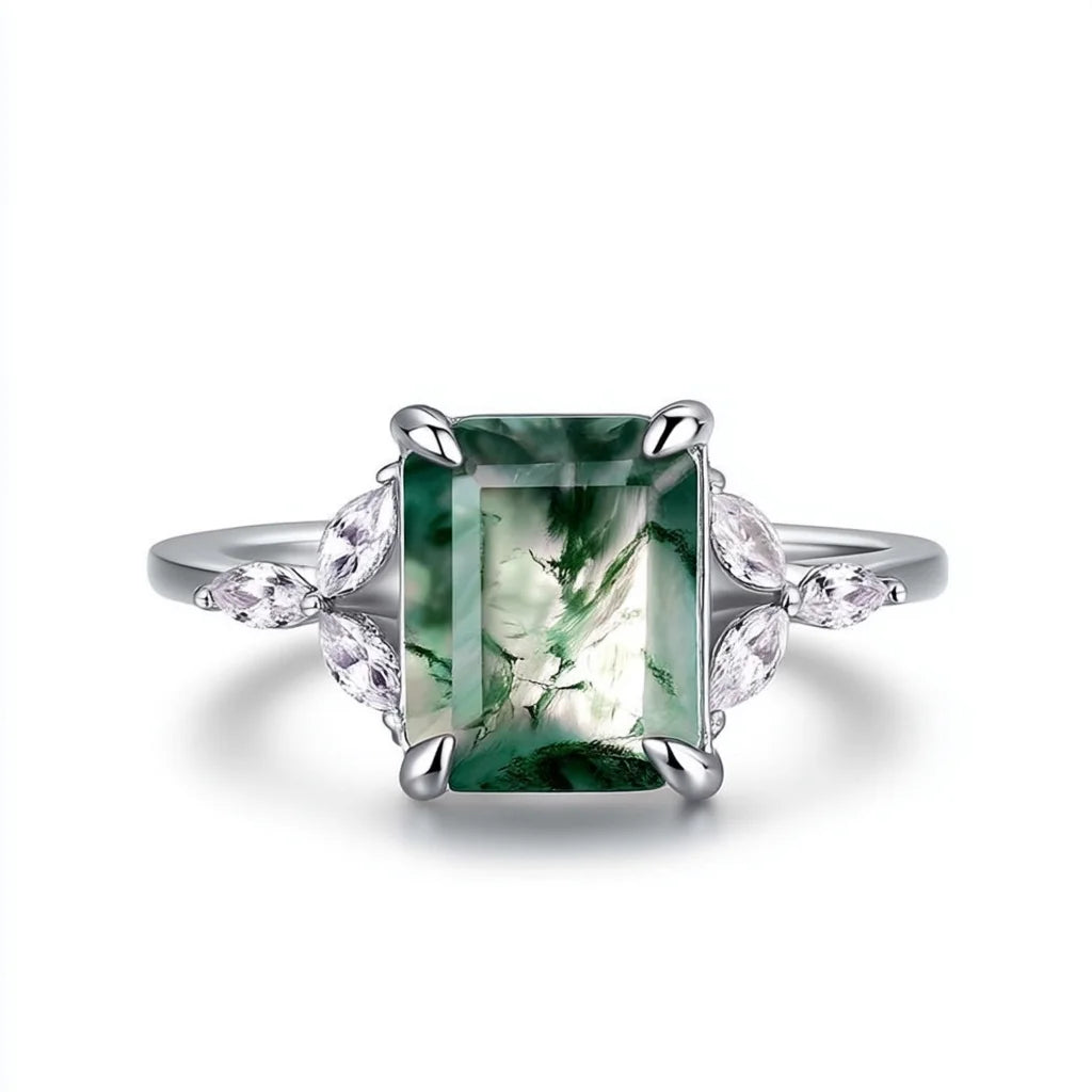 Emerald Cut Moss Agate Engagement Ring - Moss Agate Wedding Band
