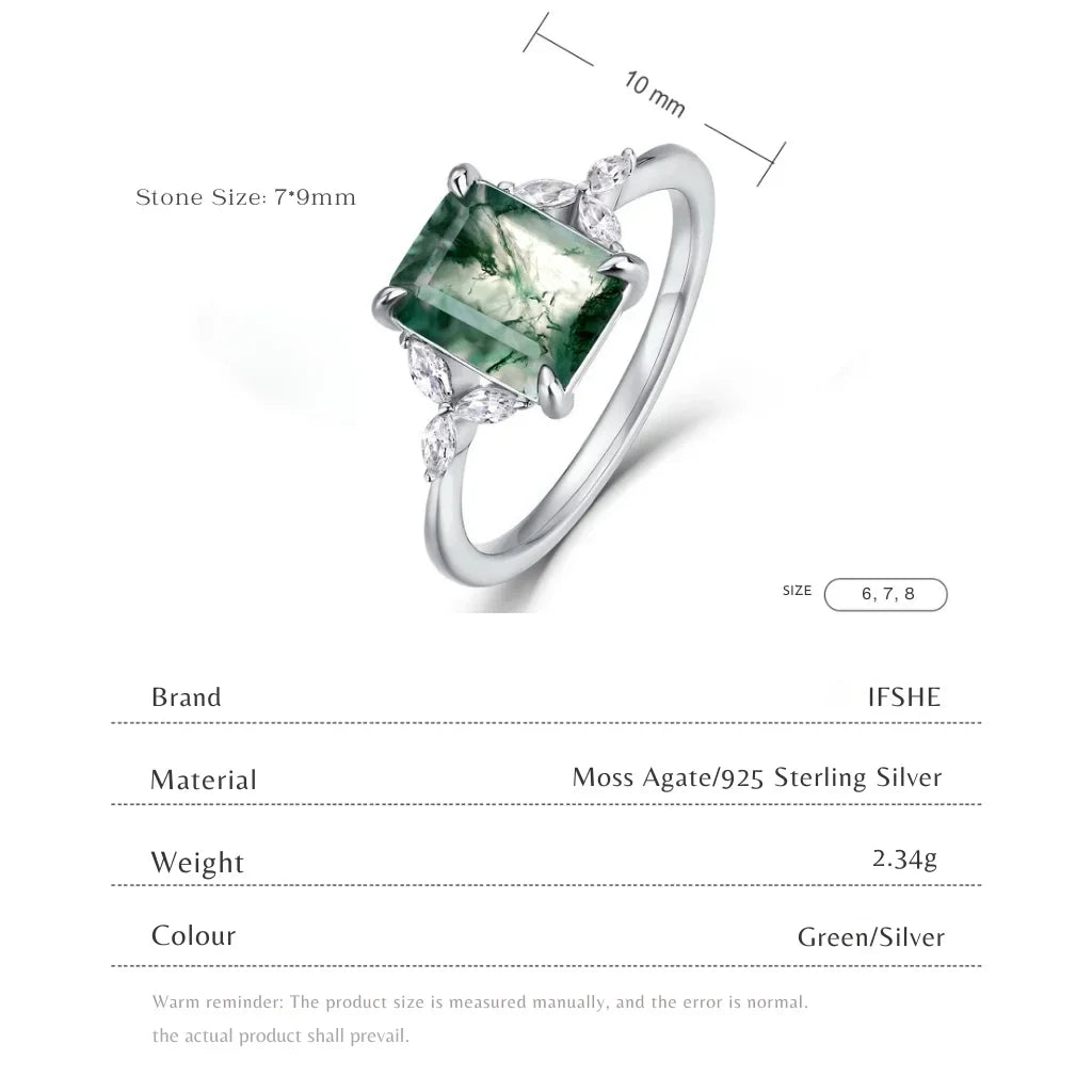 Emerald Cut Moss Agate Engagement Ring - Moss Agate Wedding Band