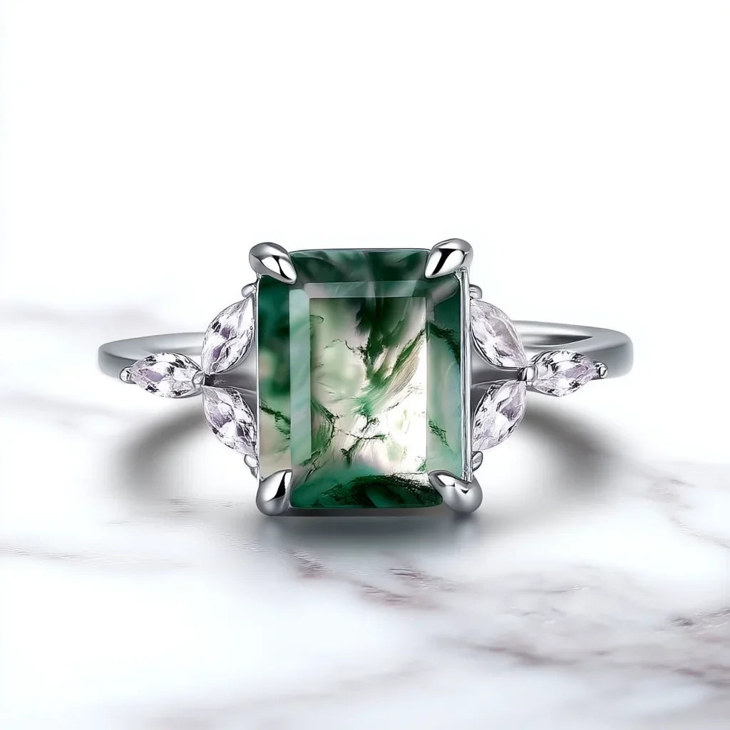 Emerald Cut Moss Agate Engagement Ring - Moss Agate Wedding Band