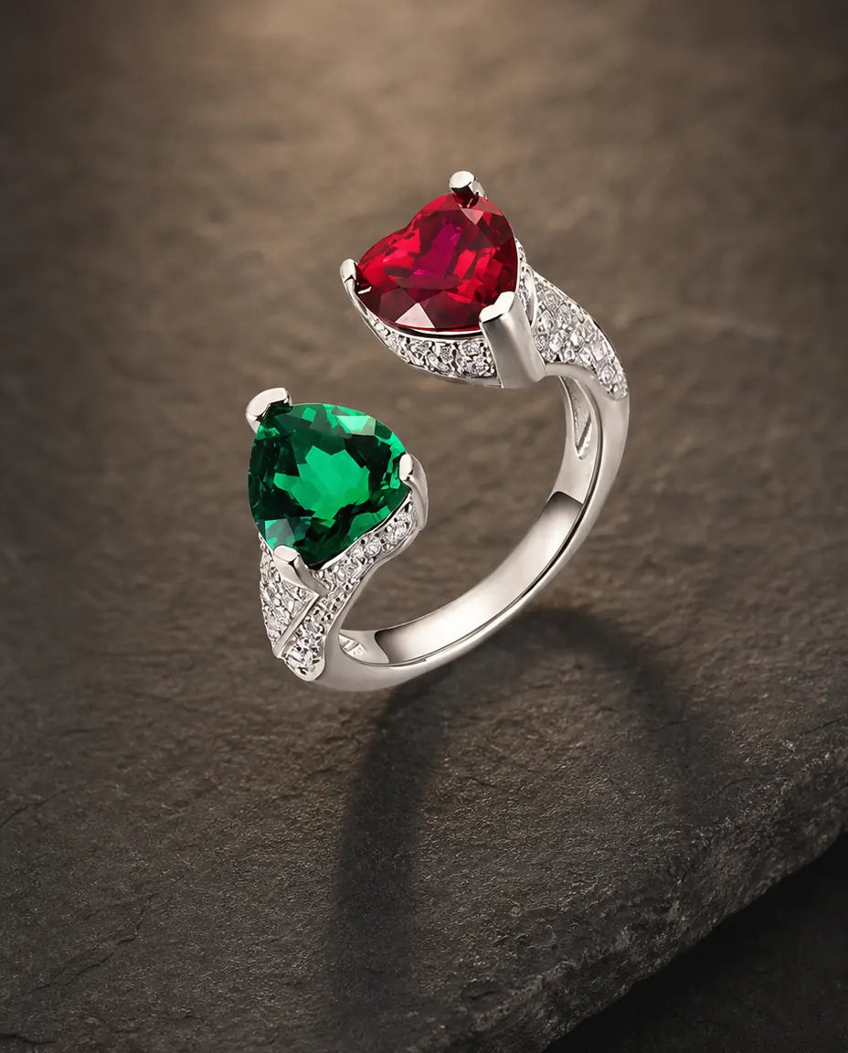Lab er two-heart bypass ring in 925 sterling silver