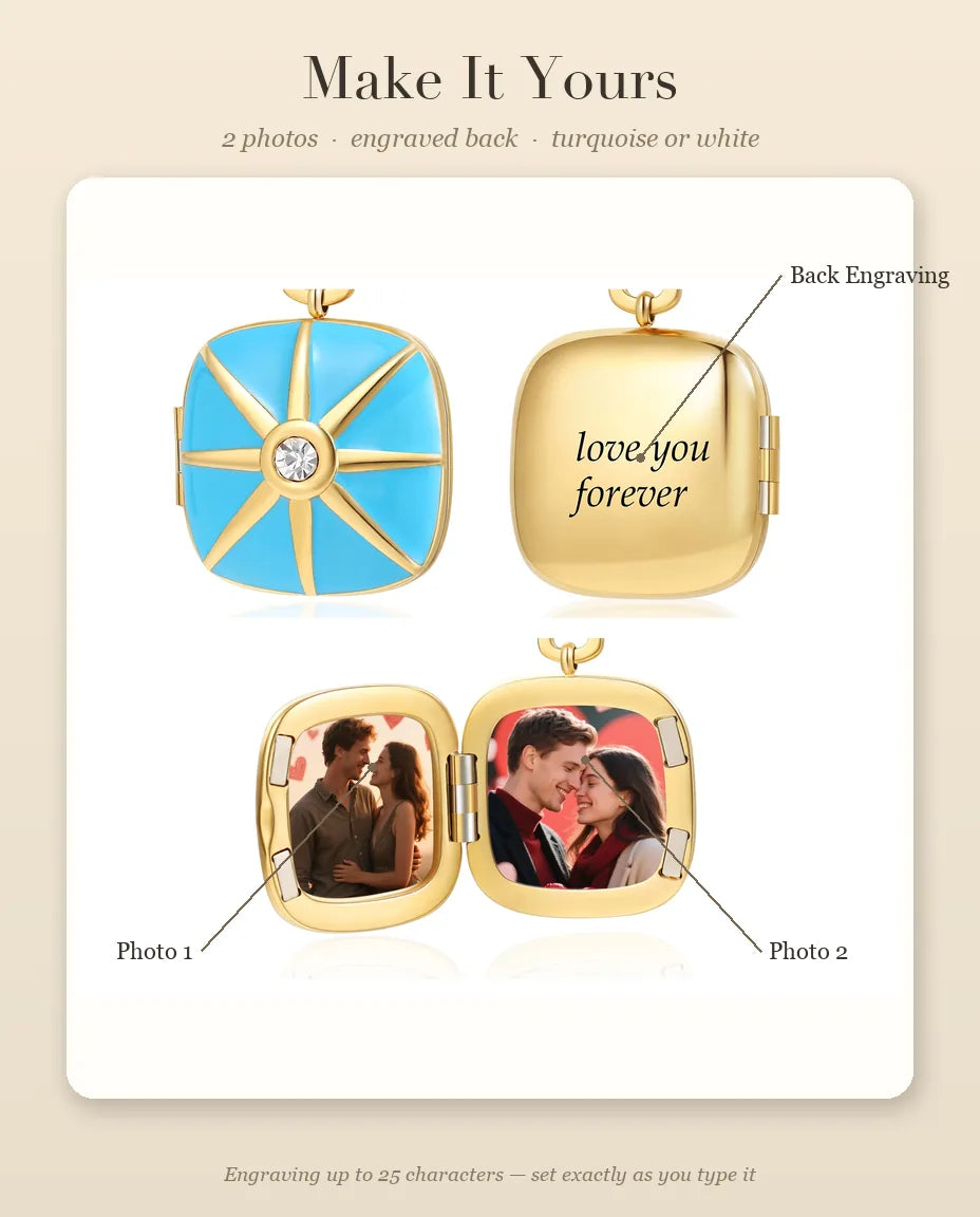 Personalization guide showing Photo 1, Photo 2 and the back engraving