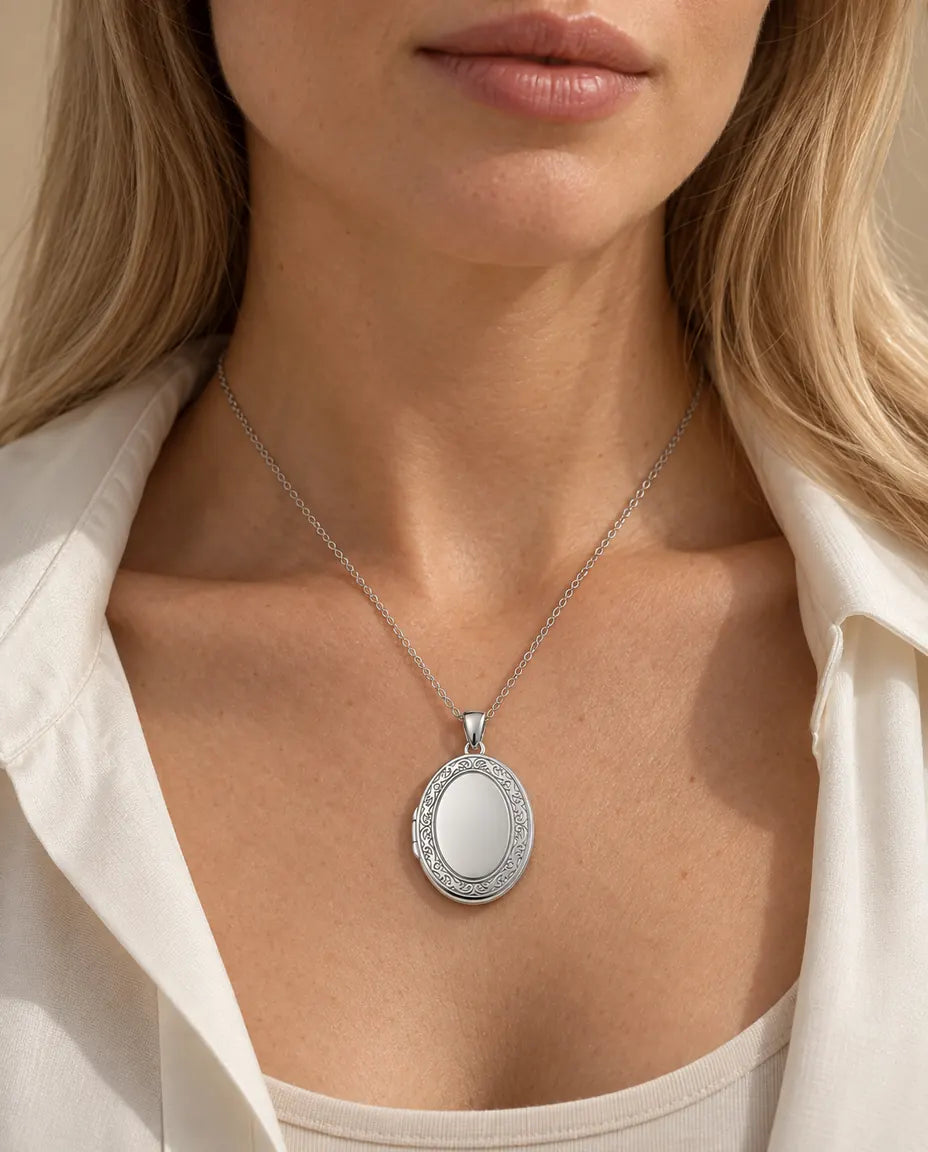 Engravable Photo Locket Necklace That Holds 2 Pictures - Personalized Oval Locket With Mother of Pearl Back worn on a model
