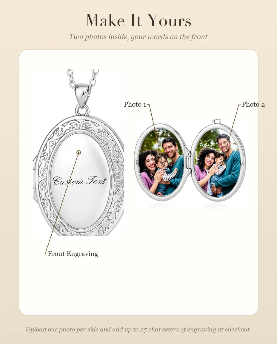 How to personalize the oval photo locket with two photos and engraving
