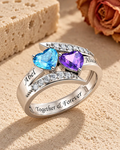 2 Birthstone Name Ring - three-quarter view showing names and birthstones