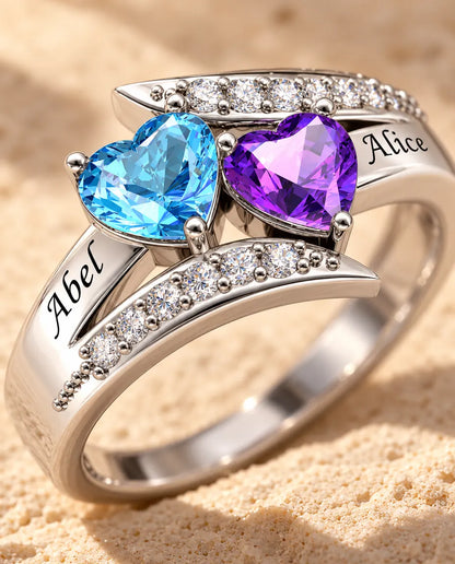 2 Birthstone Name Ring - close-up of the birthstones and engraved names