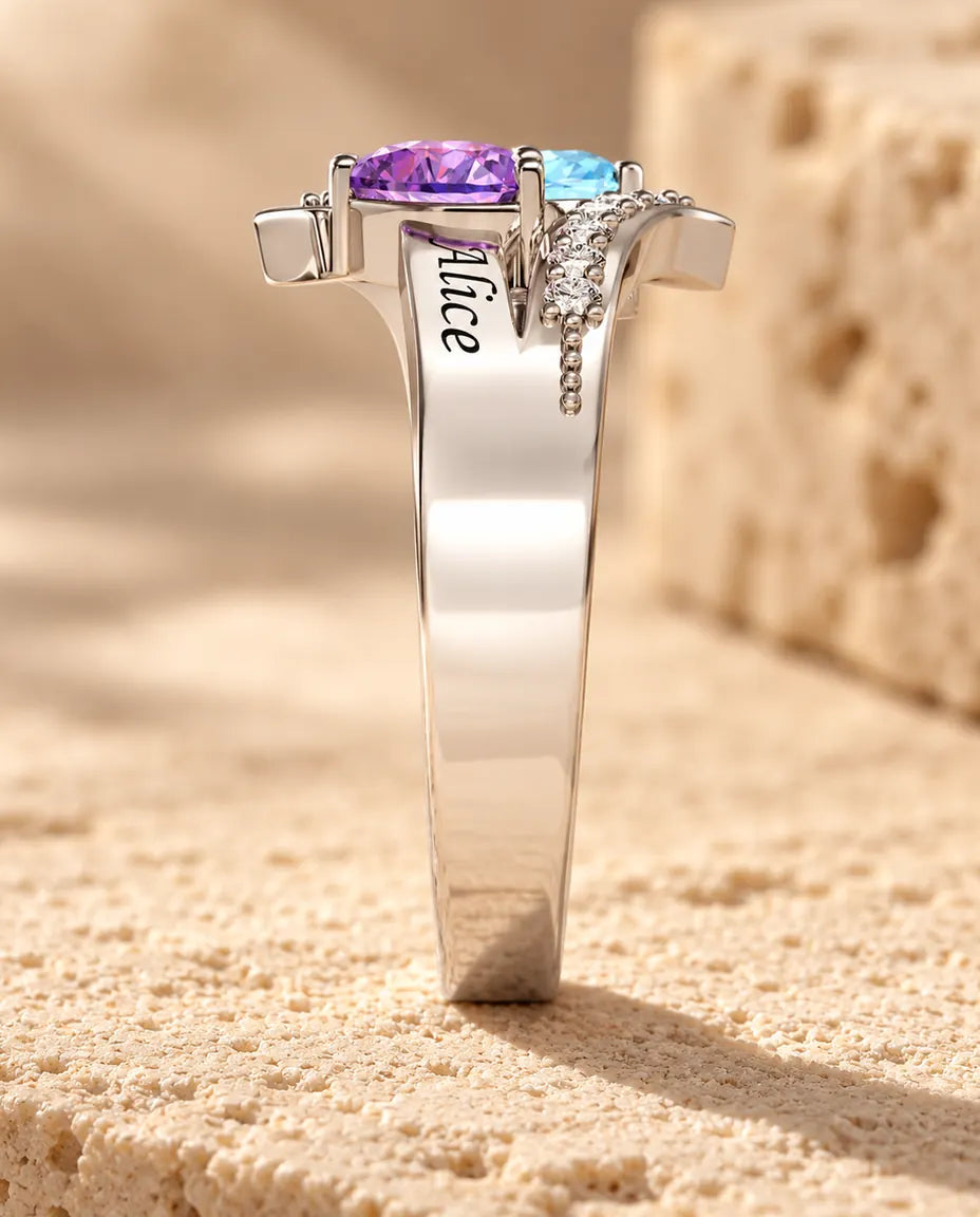 2 Birthstone Name Ring - side profile of the setting