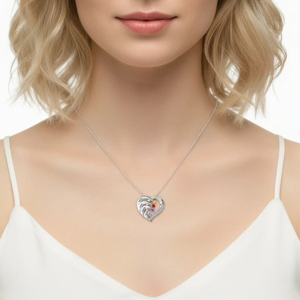 Personalized 4-Name Engraved Heart Necklace with Birthstones in Sterling Silver, Gold, or Rose Gold