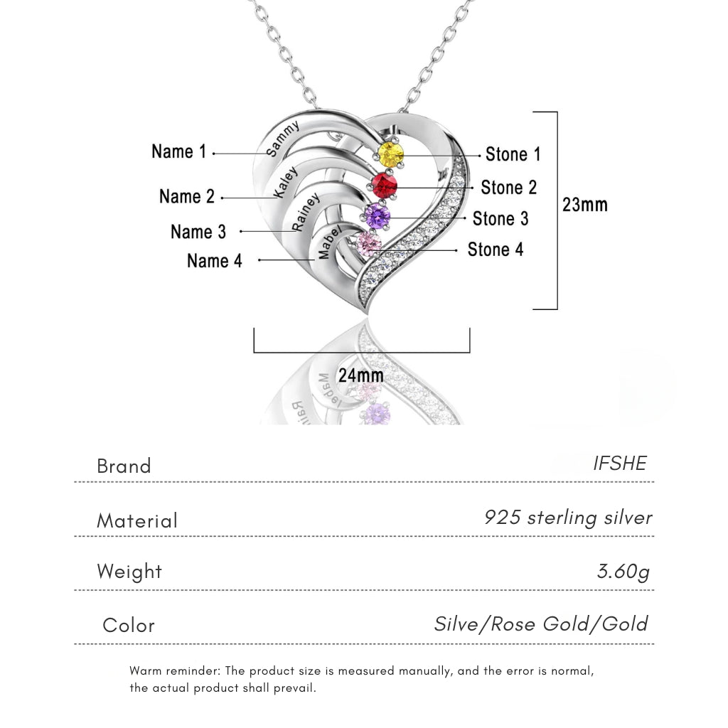 Personalized 4-Name Engraved Heart Necklace with Birthstones in Sterling Silver, Gold, or Rose Gold