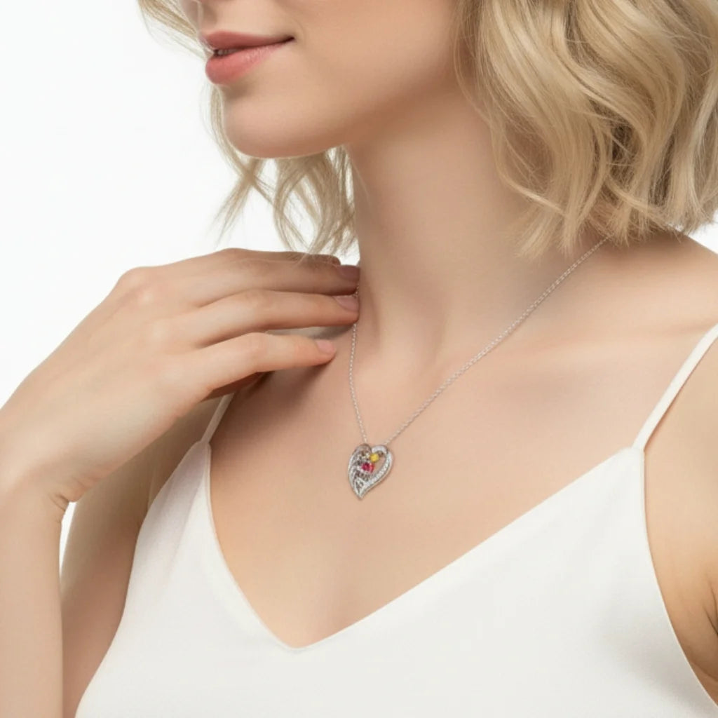 Personalized 4-Name Engraved Heart Necklace with Birthstones in Sterling Silver, Gold, or Rose Gold