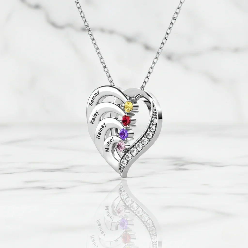 Personalized 4-Name Engraved Heart Necklace with Birthstones in Sterling Silver, Gold, or Rose Gold