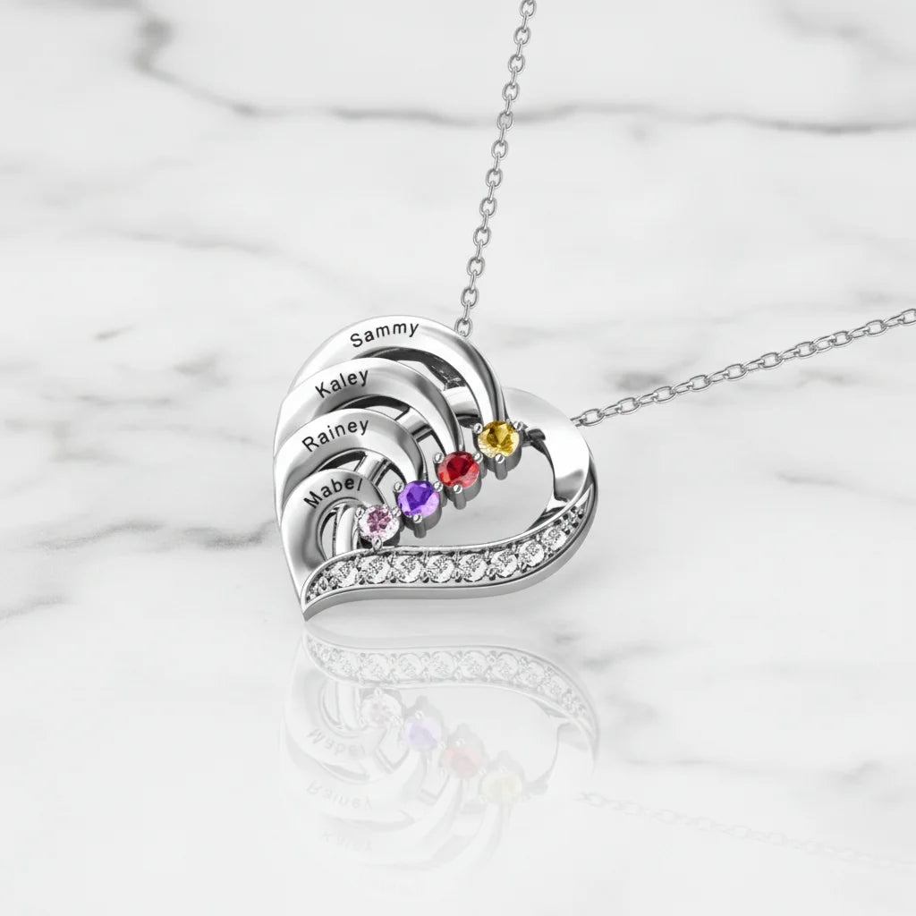 Personalized 4-Name Engraved Heart Necklace with Birthstones in Sterling Silver, Gold, or Rose Gold