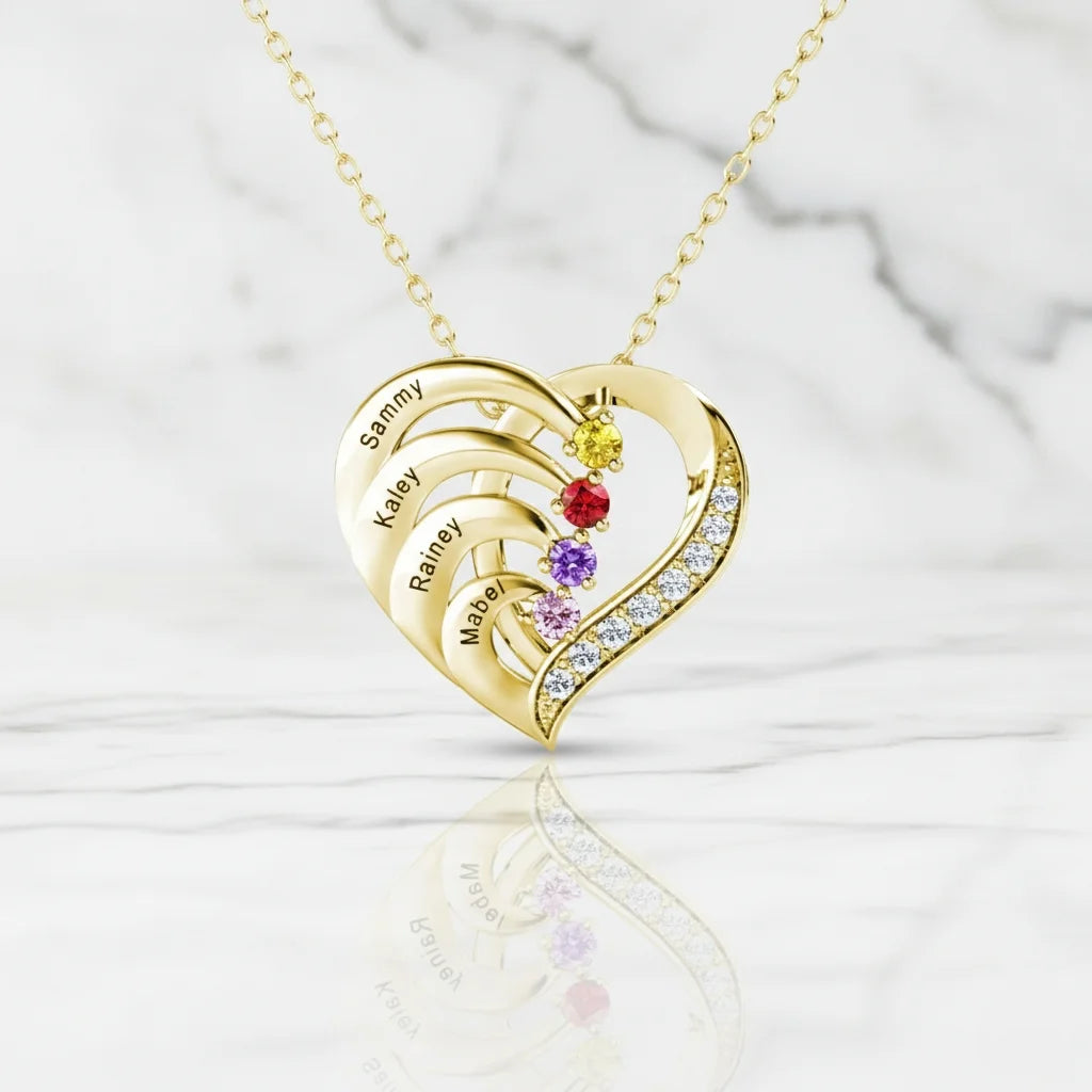 Personalized 4-Name Engraved Heart Necklace with Birthstones in Sterling Silver, Gold, or Rose Gold