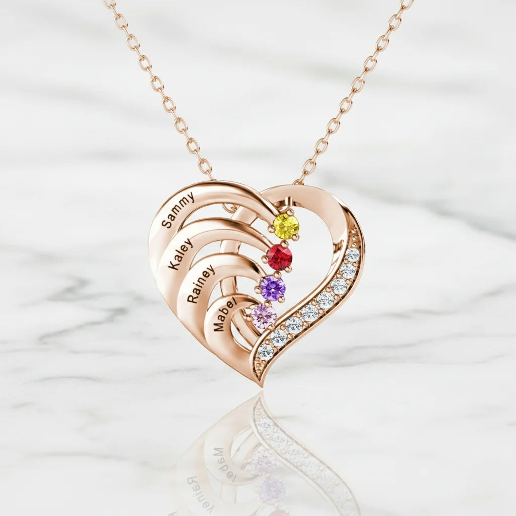 Personalized 4-Name Engraved Heart Necklace with Birthstones in Sterling Silver, Gold, or Rose Gold