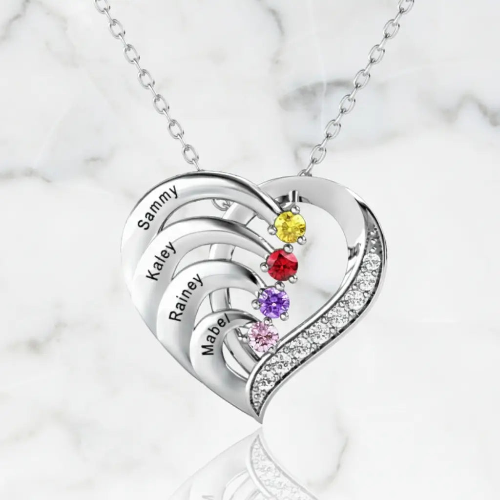 Personalized 4-Name Engraved Heart Necklace with Birthstones in Sterling Silver, Gold, or Rose Gold