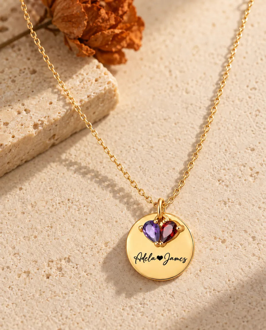 Gold-tone engraved disc necklace with two names and two birthstones