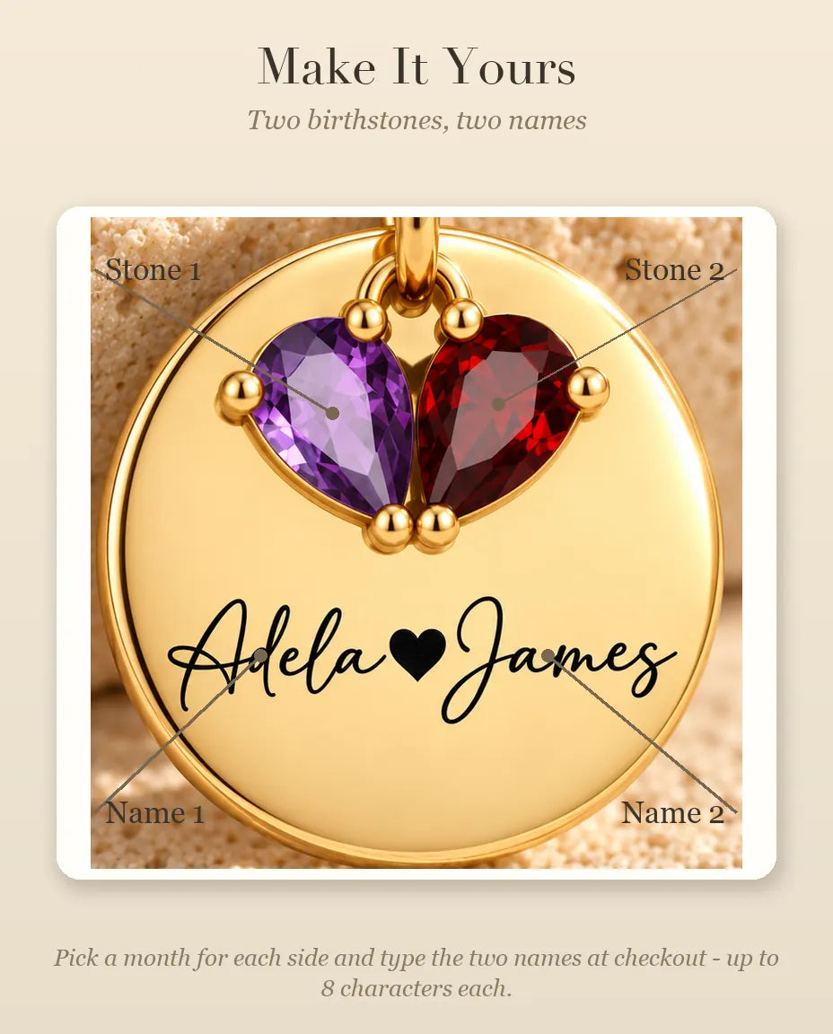 How to personalize the necklace with two birthstones and two names