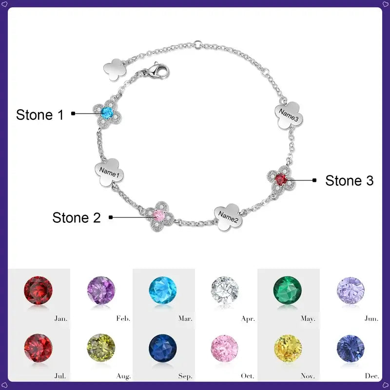 Engraved Four-Leaf Clover Custom Birthstone Bracelet with Name